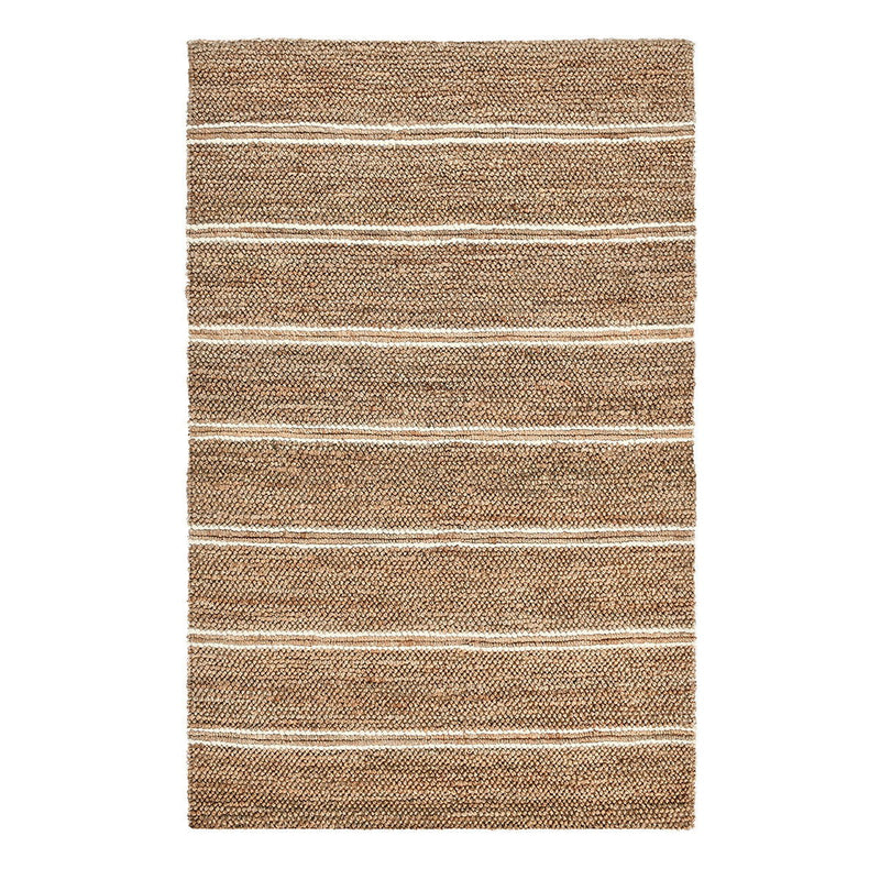 Light brown flatweave area rug with blue and off-white horizontal stripes