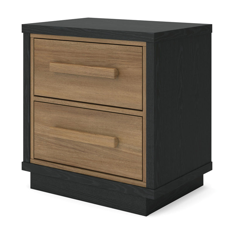 Two-drawer nightstand in black with two brown drawers and horizontal bar handles