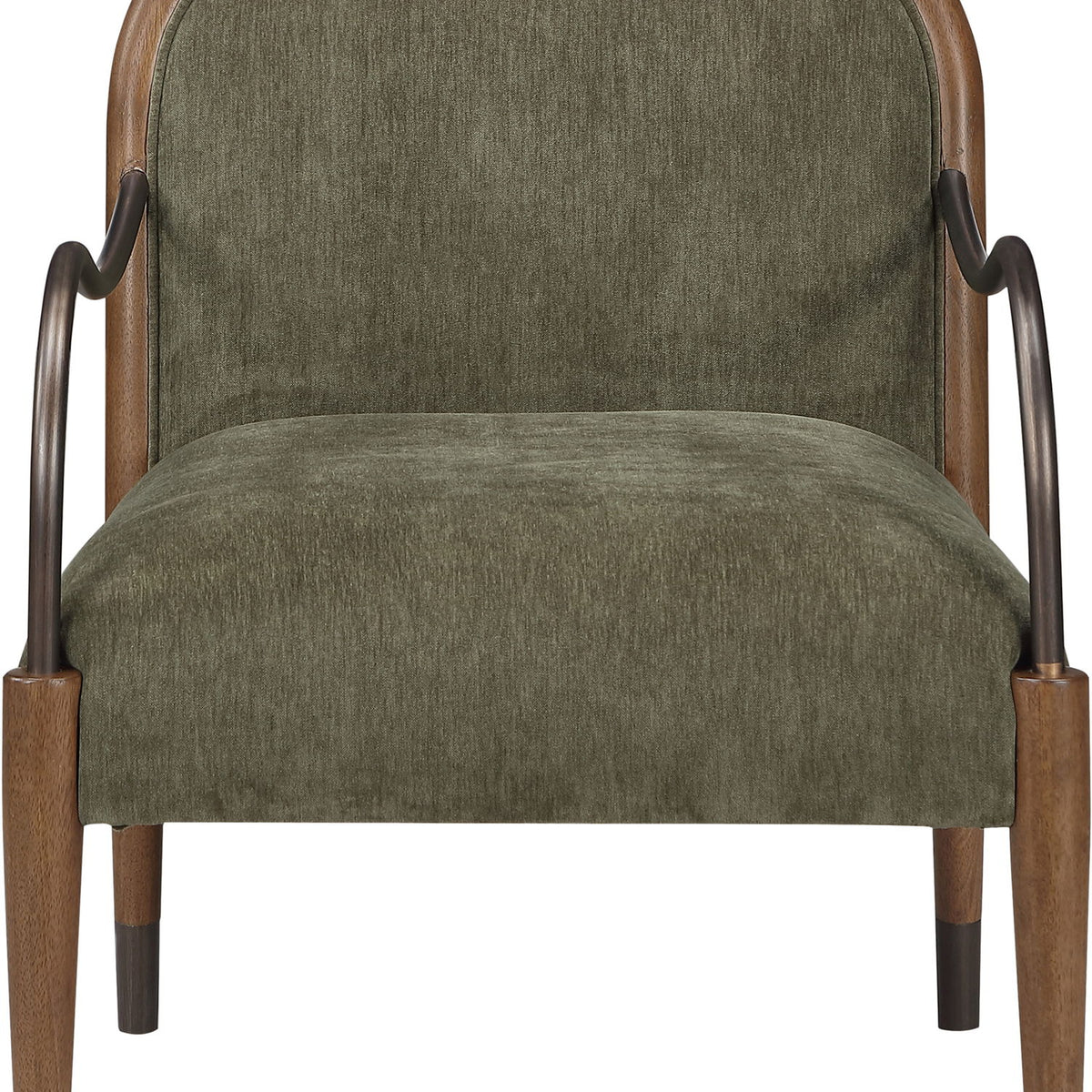 Green fabric-upholstered accent chair with tall rounded back and curved metal arms