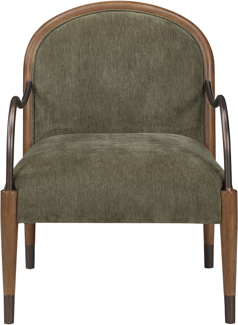 Green fabric-upholstered accent chair with tall rounded back and curved metal arms