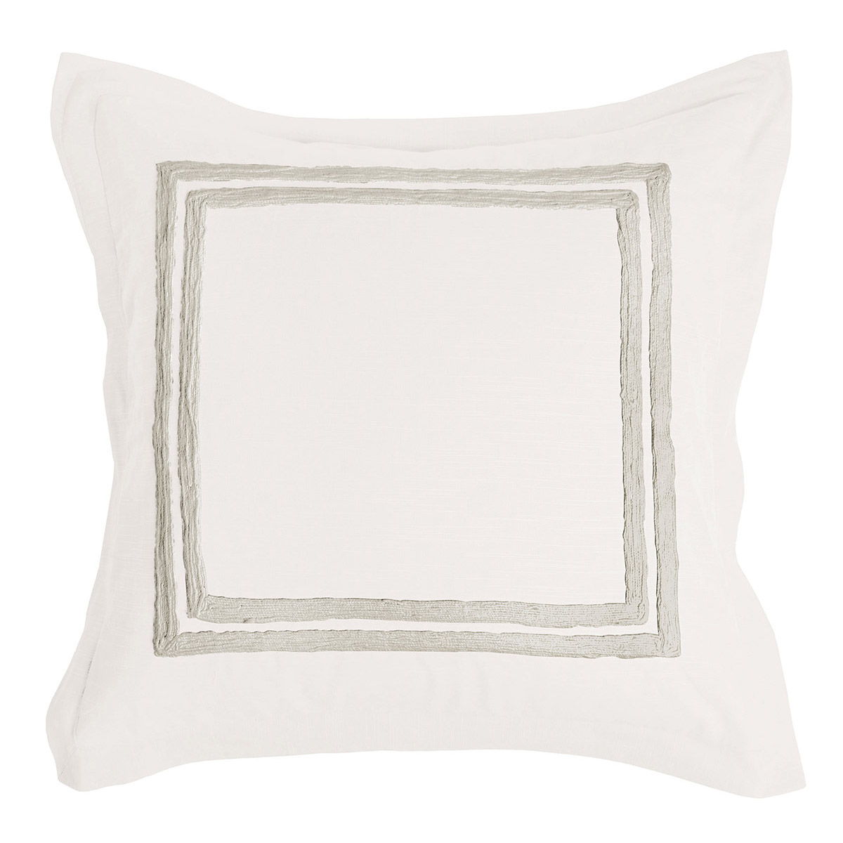 Ivory sham pillow with light gray border and centered square medallion embroidery