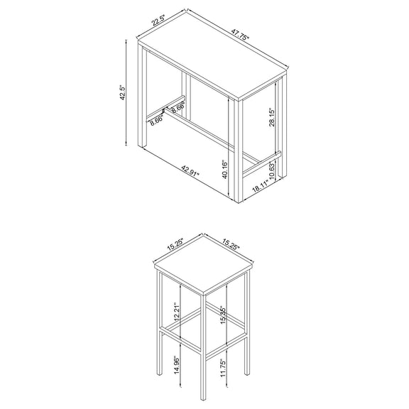 Gloss white bar stool and bar table dimensions diagram with frame measurements