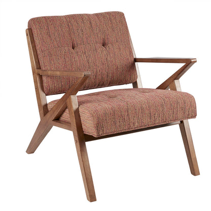 Orange tufted lounge chair with solid wood arms and matching upholstered seat cushion