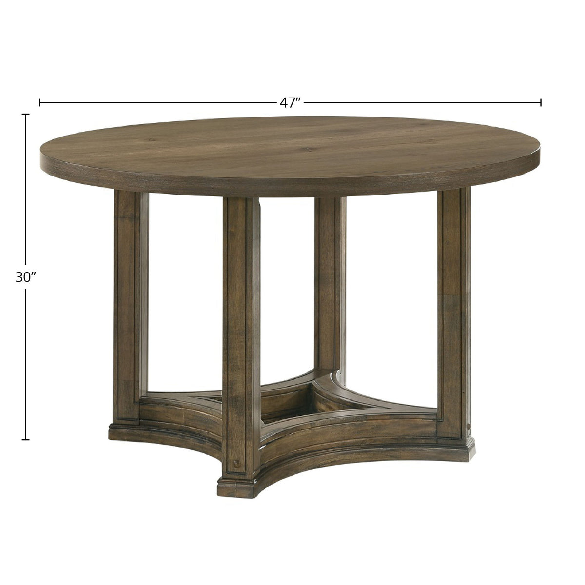 Weathered oak round dining table, 47 in wide and 30 in high