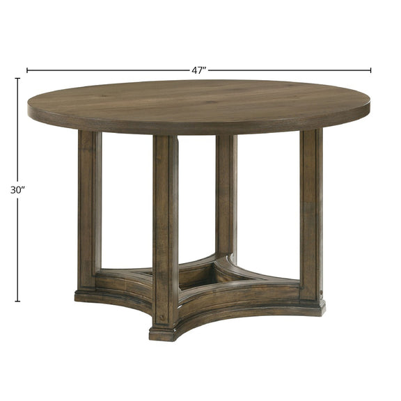Weathered oak round dining table, 47 in wide and 30 in high