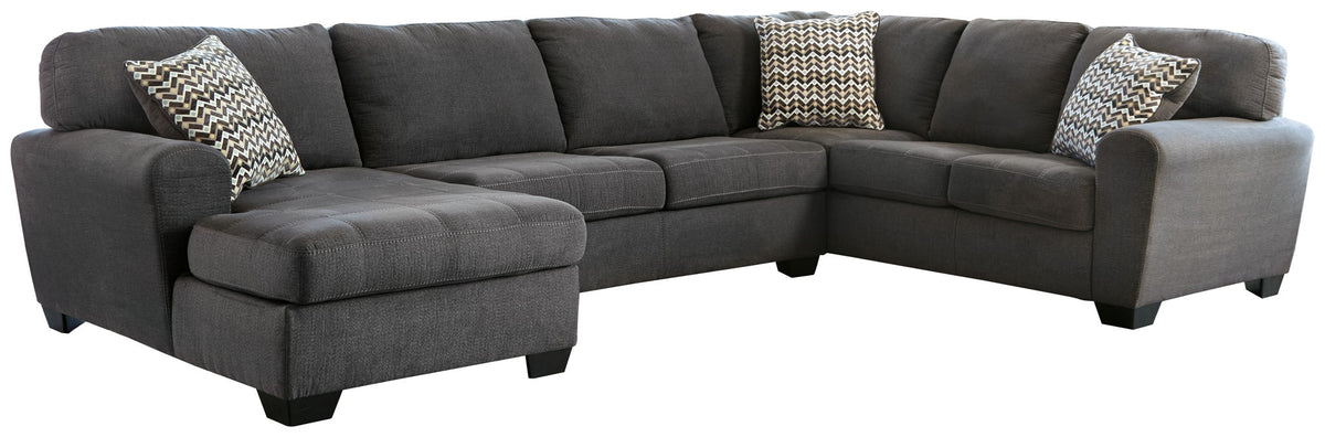 Slate gray left-arm corner chaise sectional sofa with patterned pillows
