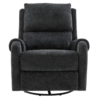 Dark gray manual recliner massage chair with swivel base and wide headrest