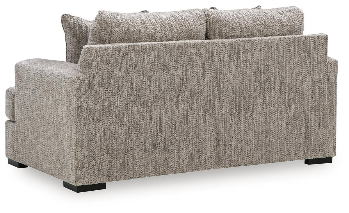 Gray textured loveseat sofa with two back cushions and black block legs, no pillows
