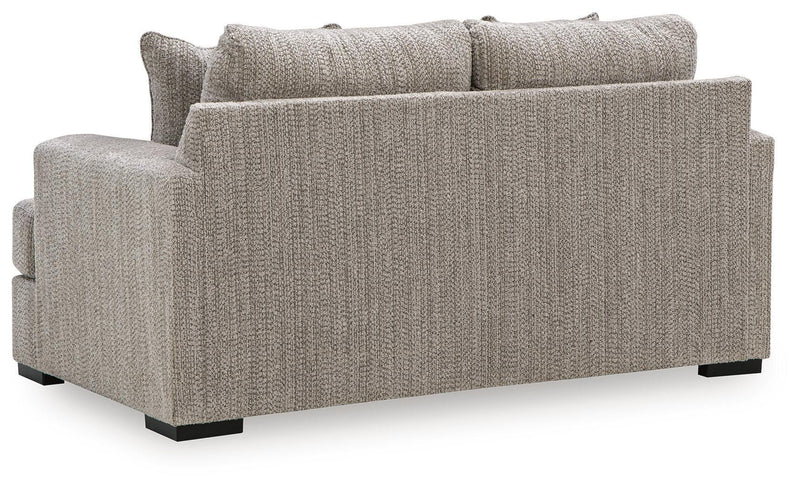 Gray textured loveseat sofa with two back cushions and black block legs, no pillows