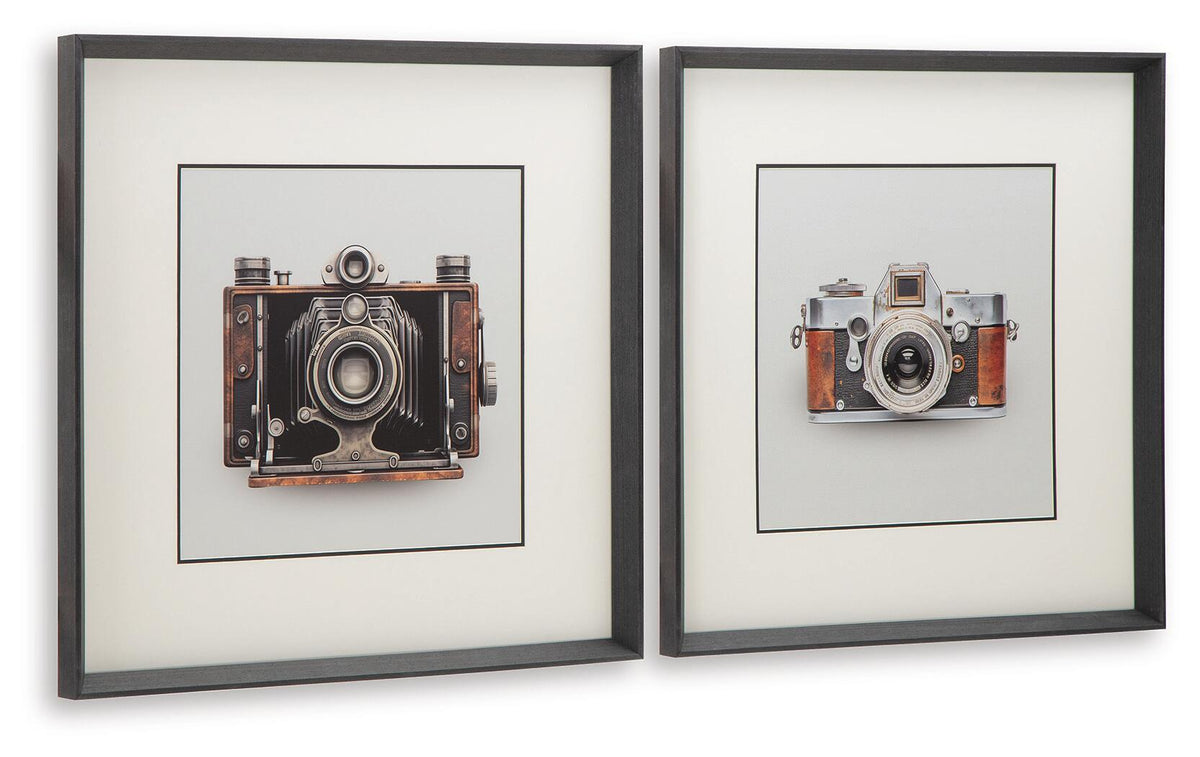 Set of 2 black-framed vintage camera wall art prints with brown details