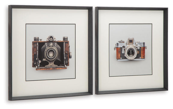 Set of 2 black-framed vintage camera wall art prints with brown details