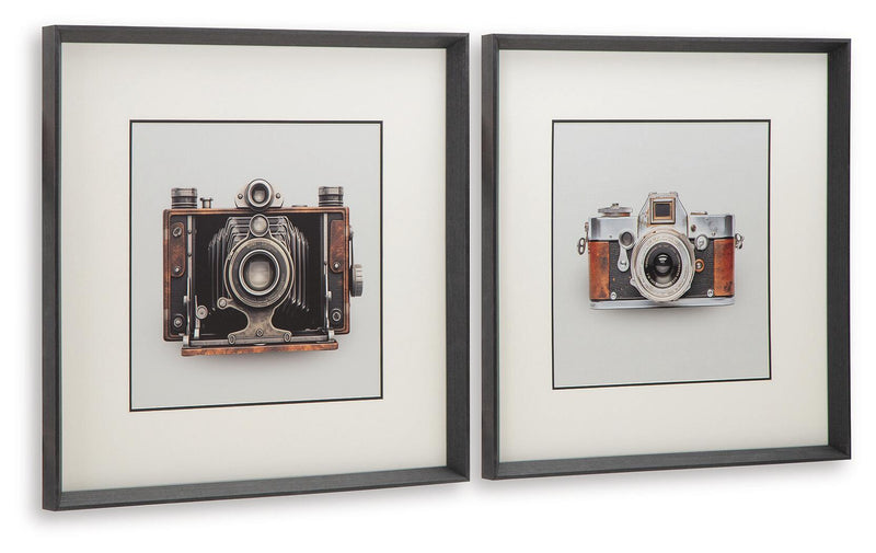 Set of 2 black-framed vintage camera wall art prints with brown details