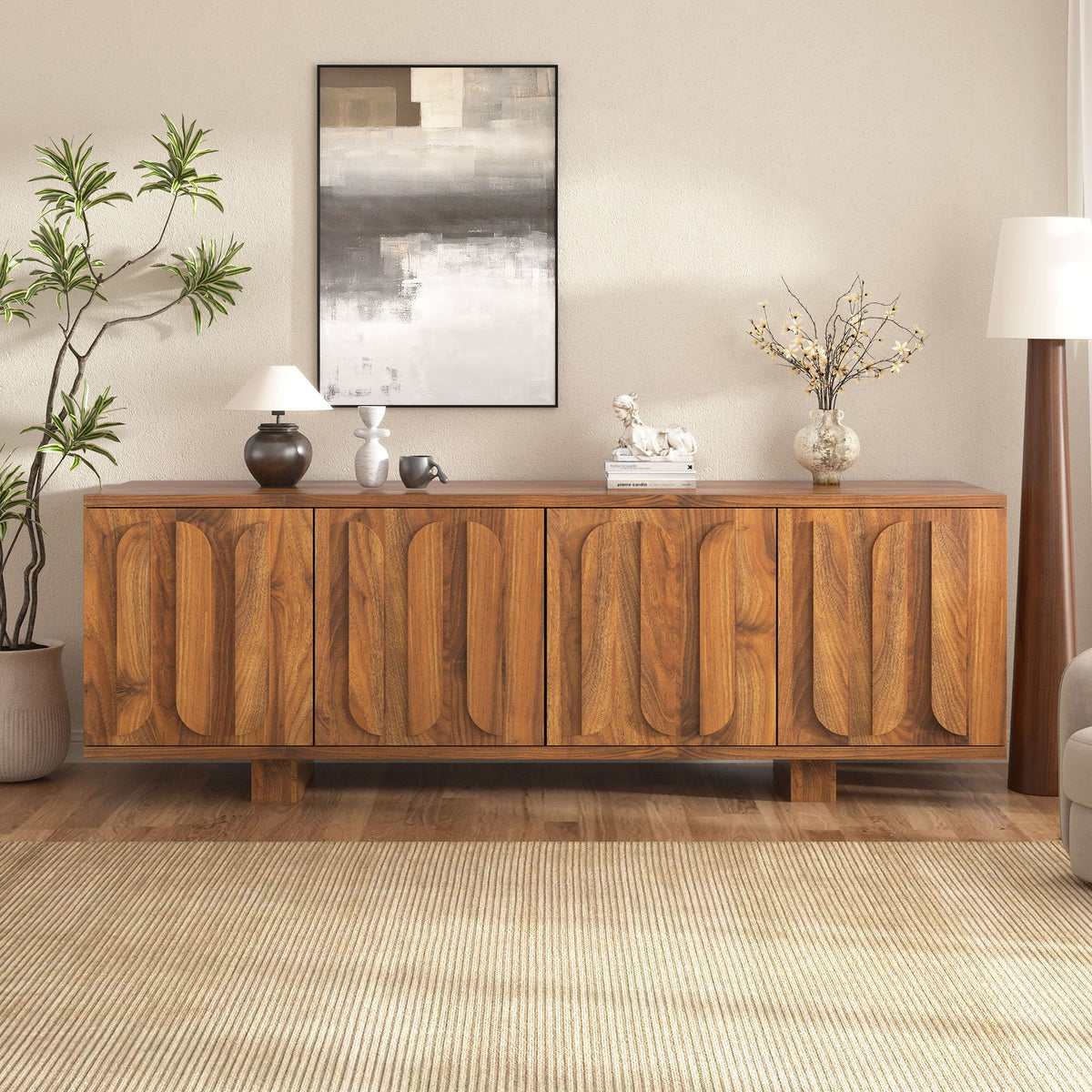 Farmhouse TV Stand, Storage Media Console With Adjustable Shelves & 3 Cable Holes