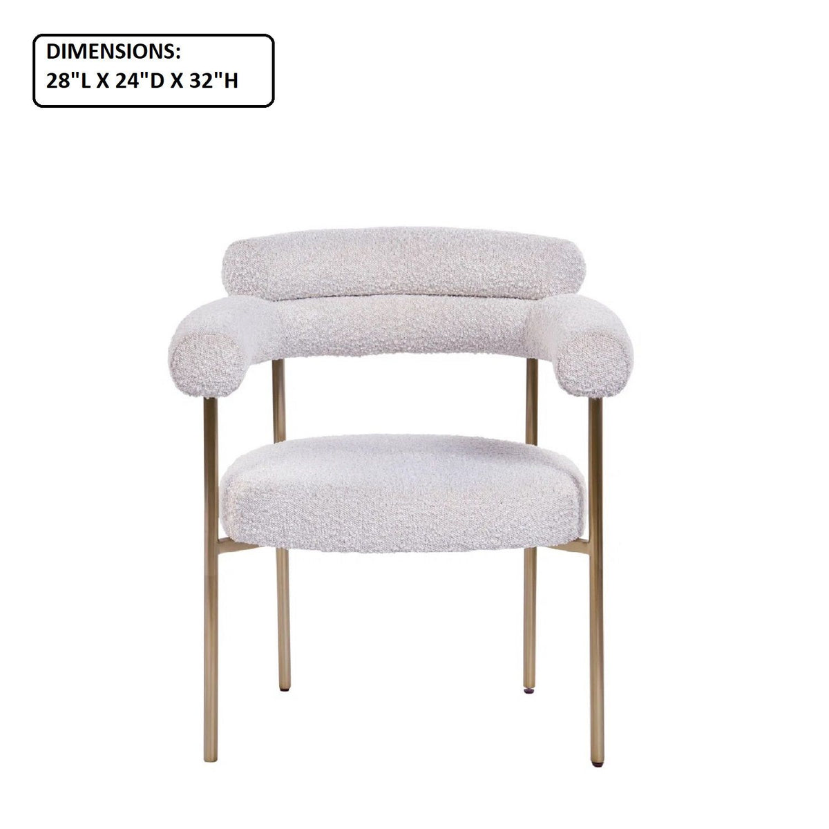 Beige dining chair with armrests, rounded back and cushioned seat, gold legs; 28x24x32 in
