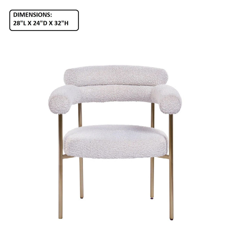 Beige dining chair with armrests, rounded back and cushioned seat, gold legs; 28x24x32 in