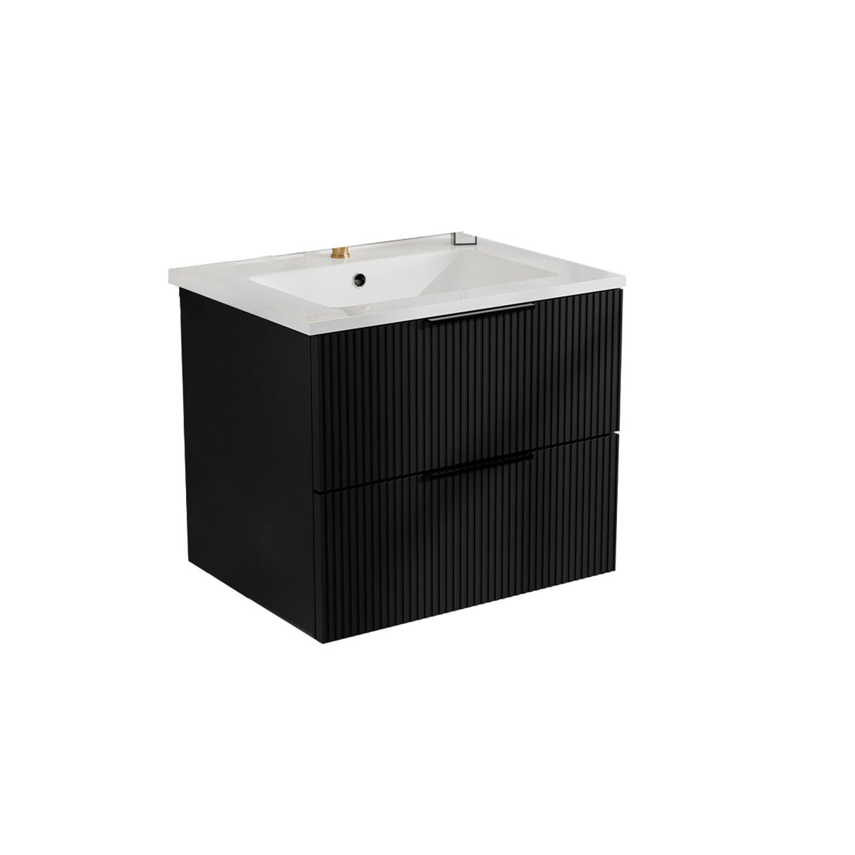Black floating bathroom vanity with white square sink and two drawers