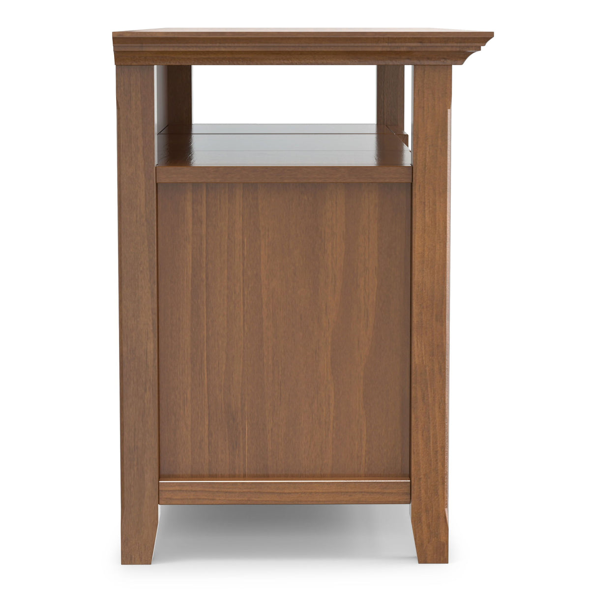 Saddle brown TV media stand end panel with lower shelf opening and sturdy legs