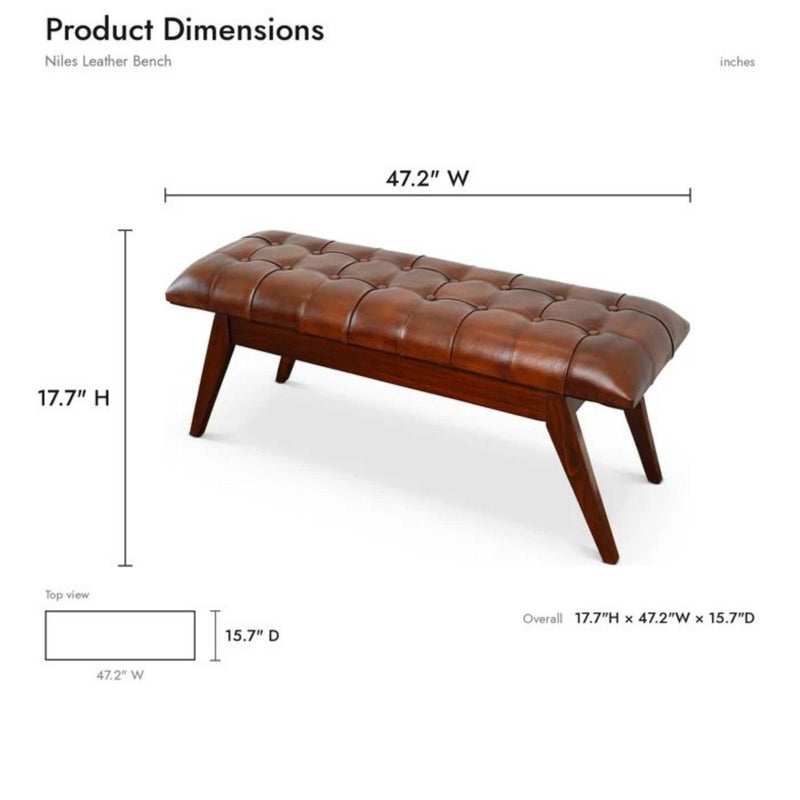 Tufted leather bench with stitched cushions and angled dark brown wooden legs