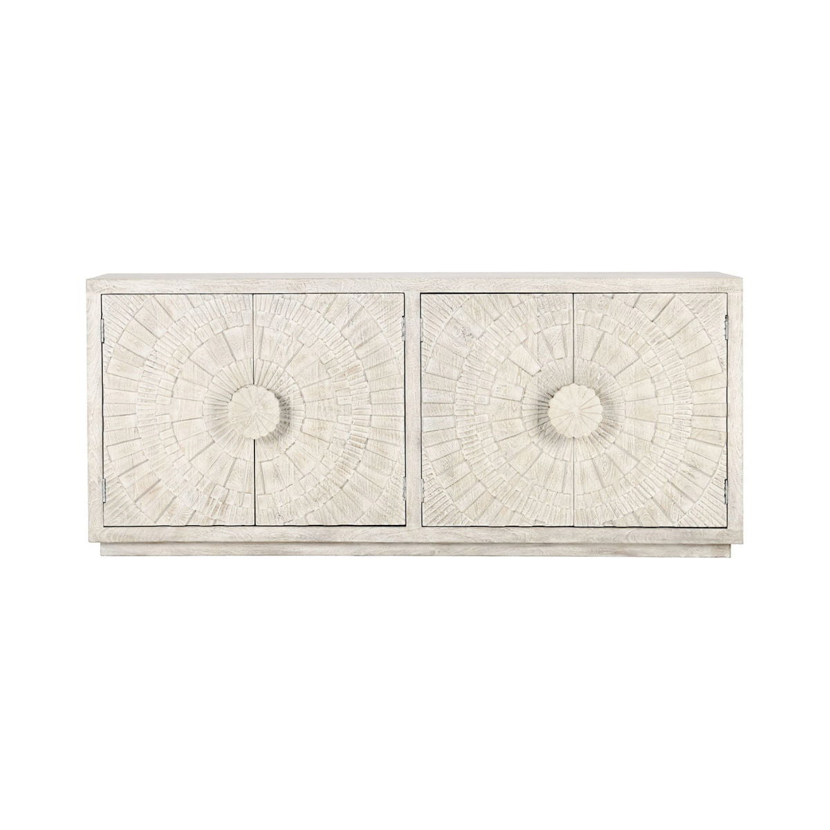 Cream sideboard with two paneled doors and round embossed medallion handles