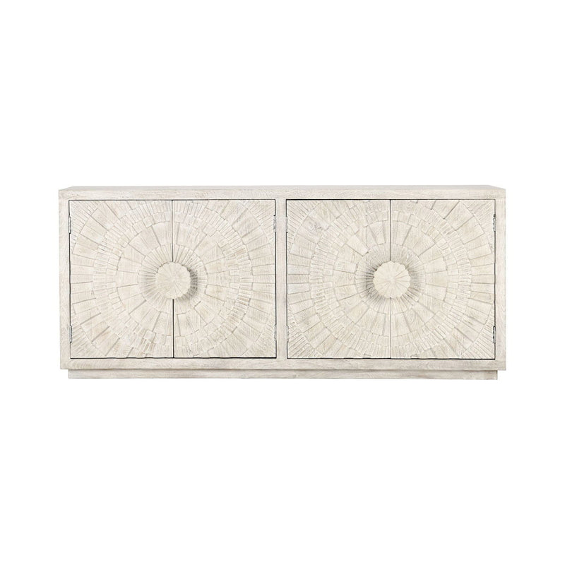 Cream sideboard with two paneled doors and round embossed medallion handles