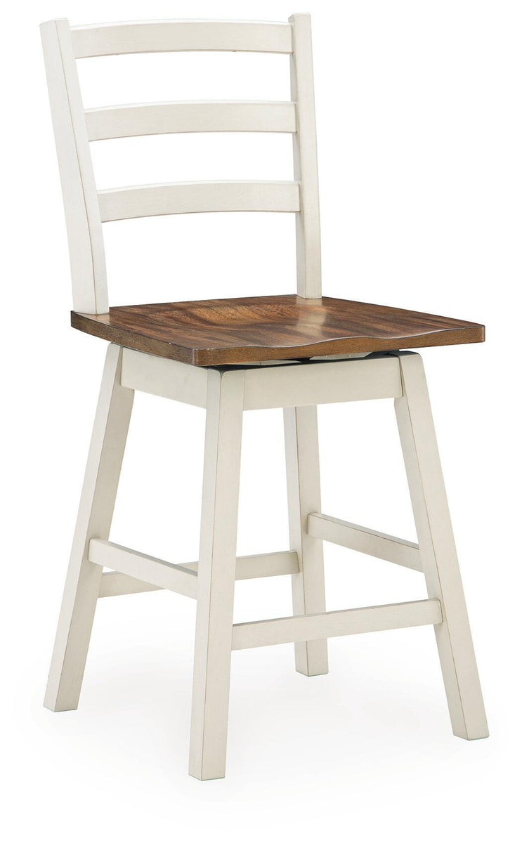 Swivel stool with brown round seat and antique white ladder back, angled view