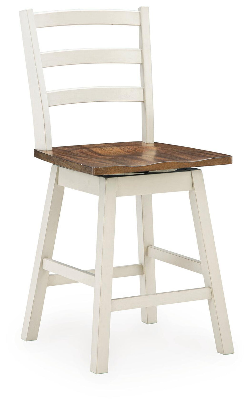 Swivel stool with brown round seat and antique white ladder back, angled view