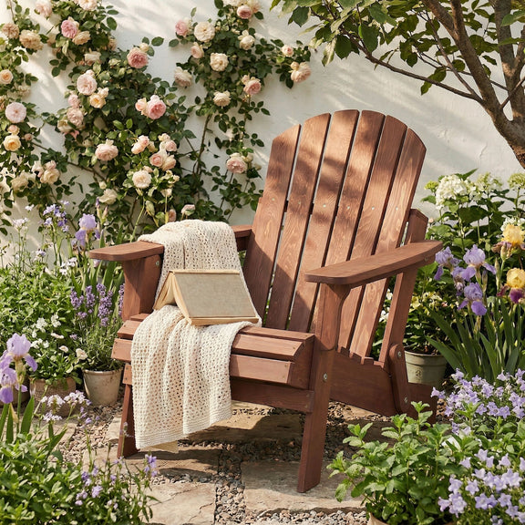 Wood folding Adirondack chair with slatted back and armrests for outdoor seating