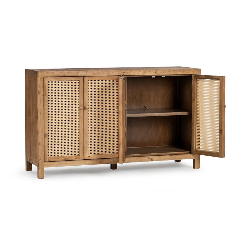 Alvin cabinet in natural wood with open shelves behind two woven doors