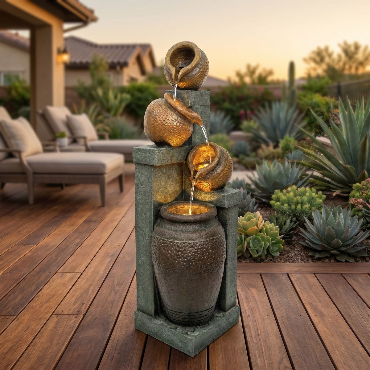 Four-tier patio fountain with textured brown vessels and water cascading between tiers.