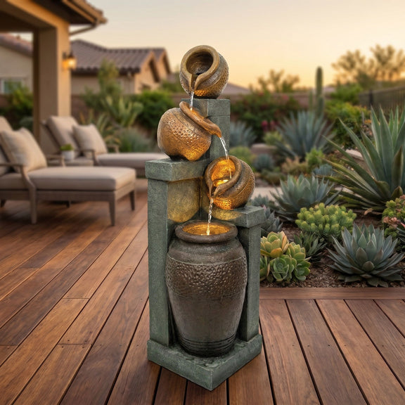 Four-tier patio fountain with textured brown vessels and water cascading between tiers.