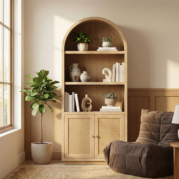Light brown arched bookcase with open shelves and woven cabinet doors