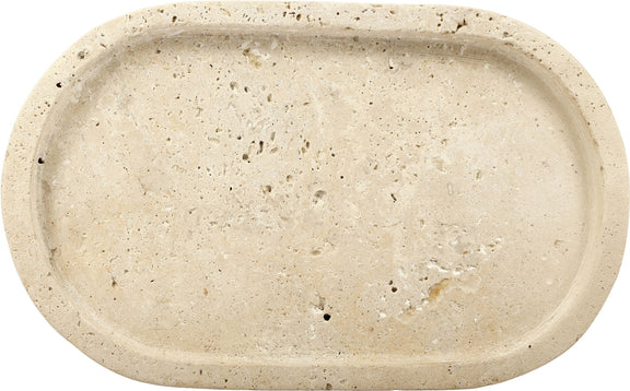 Beige round travertine tray with shallow recessed center