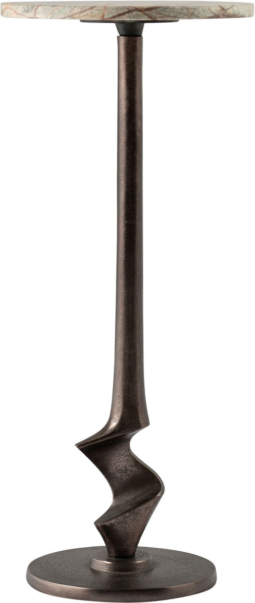 Aluminum end table side view with marbled round top and dark bronze pedestal stand