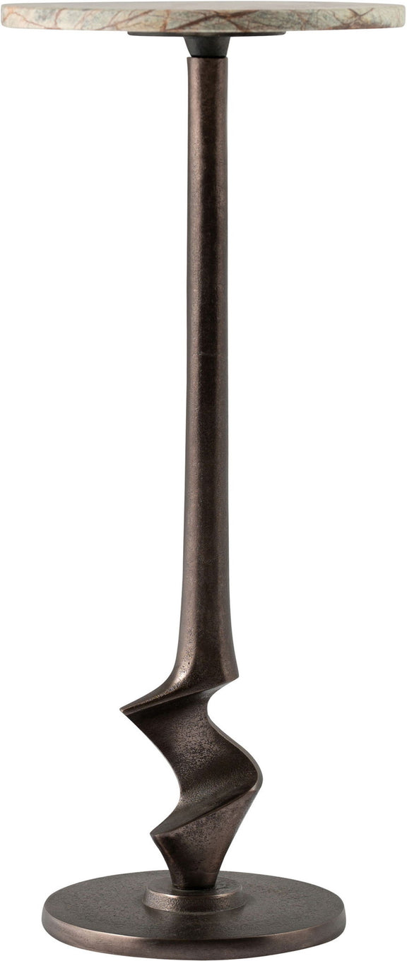 Aluminum end table side view with marbled round top and dark bronze pedestal stand