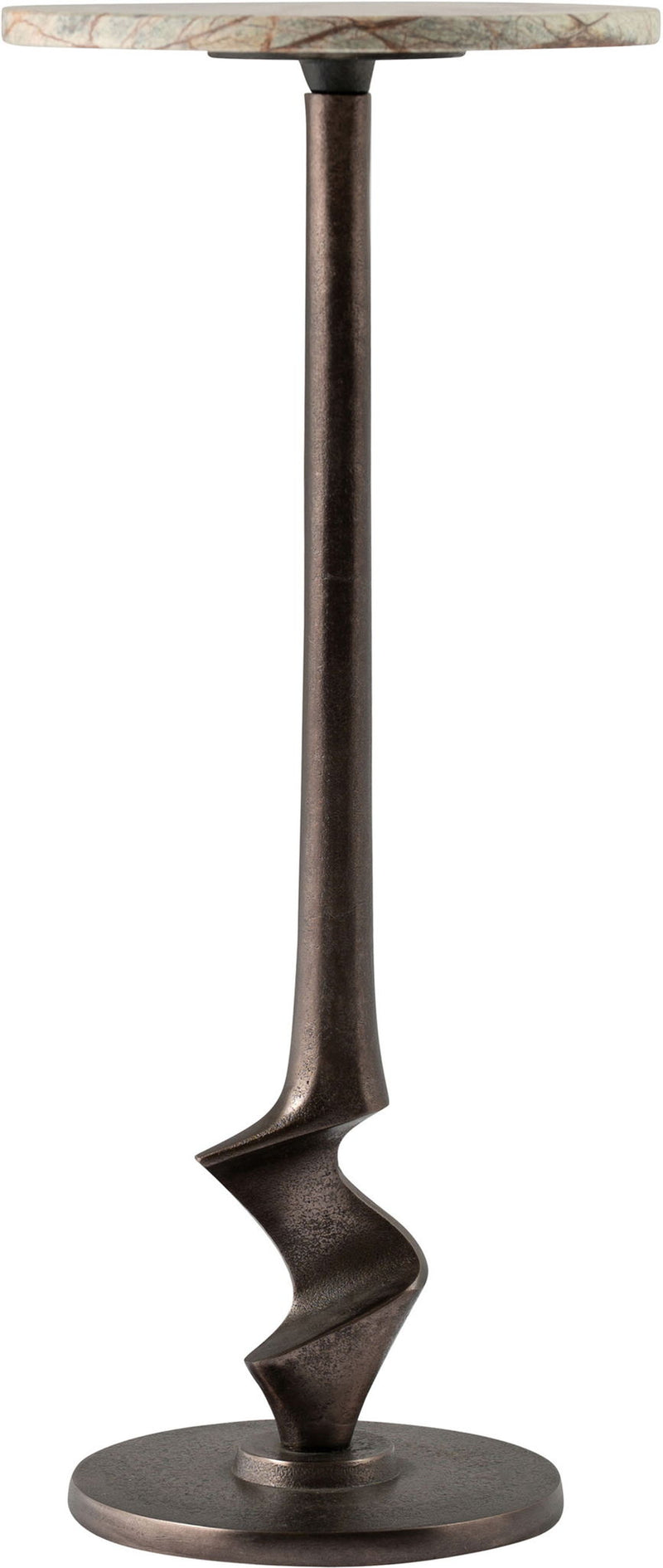 Aluminum end table side view with marbled round top and dark bronze pedestal stand