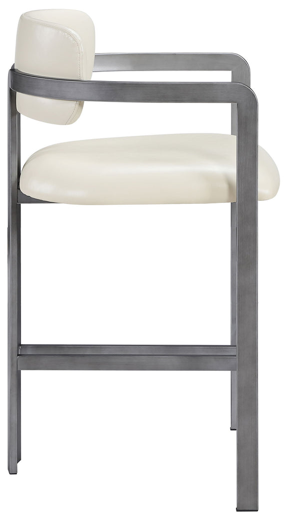 White vegan leather counter stool with curved armrests and padded seat, gray frame