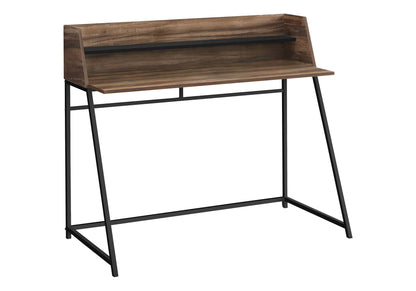 Dark brown computer desk with two open shelves and black metal frame