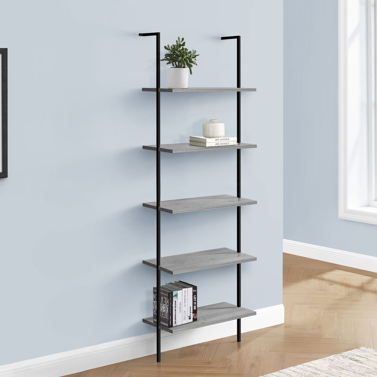 Bookshelf, Bookcase, Etagere, Ladder, 5 Tier, For Office, Marble Look Contemporary & Modern