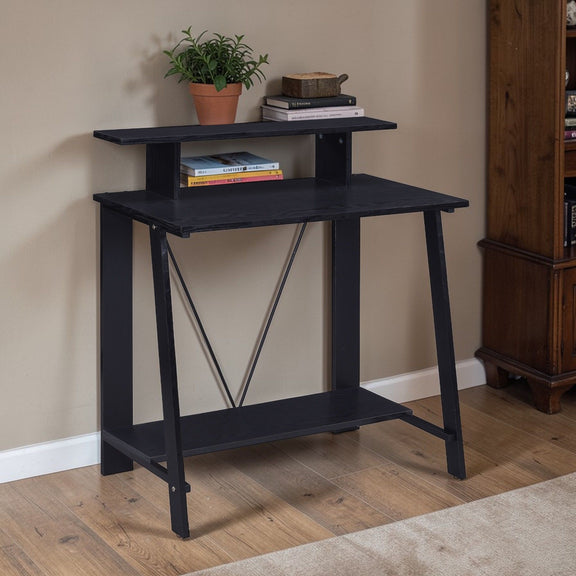 Modern writing desk with dark finish, open lower shelf, and X-brace frame