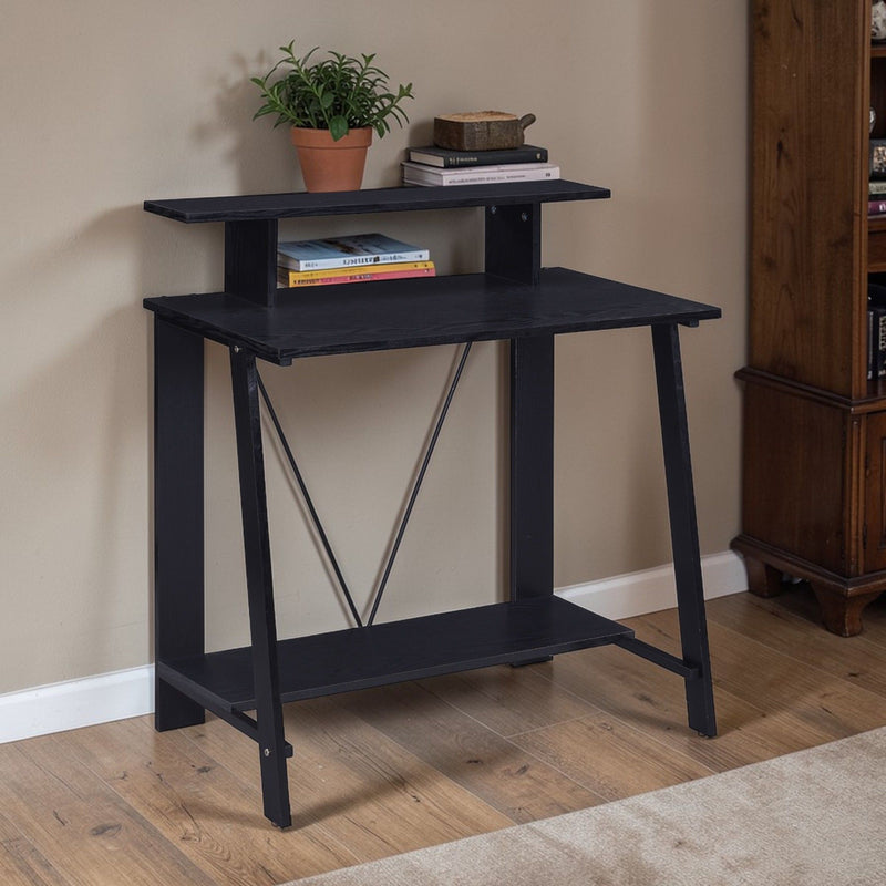 Modern writing desk with dark finish, open lower shelf, and X-brace frame