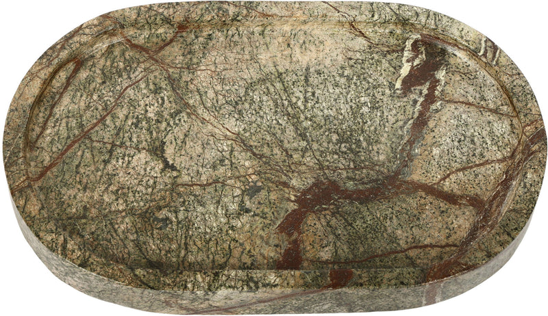 Genuine marble tray, wide round with dense green veining and brown accents
