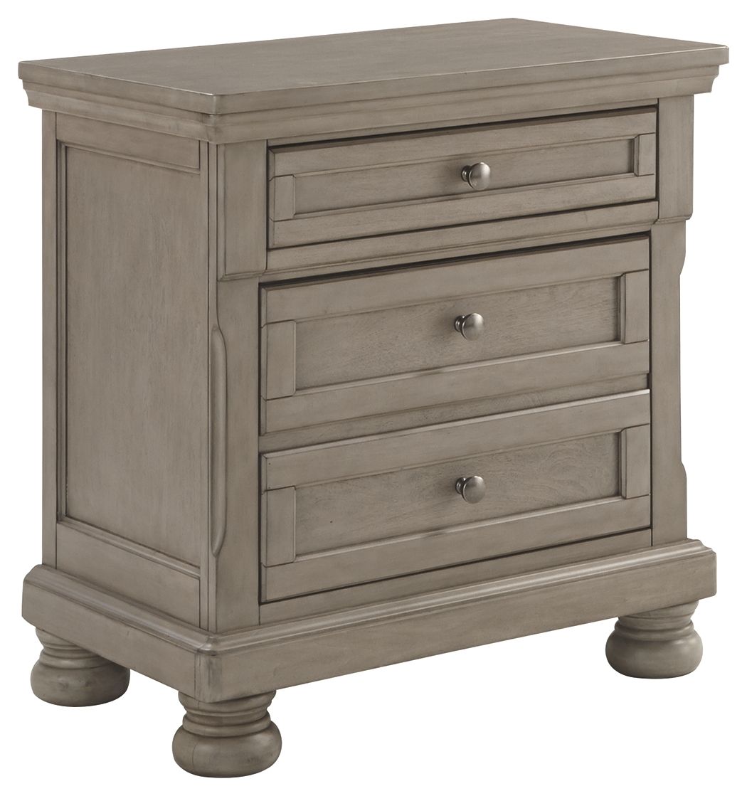 Light gray two-drawer nightstand with recessed panel fronts and metal knobs