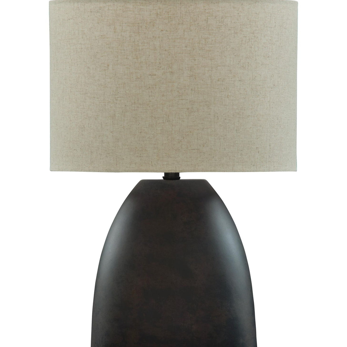 Antique black table lamp with beige fabric shade and round finial