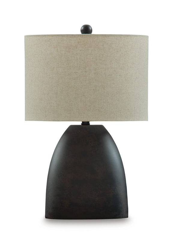 Antique black table lamp with beige fabric shade and round finial