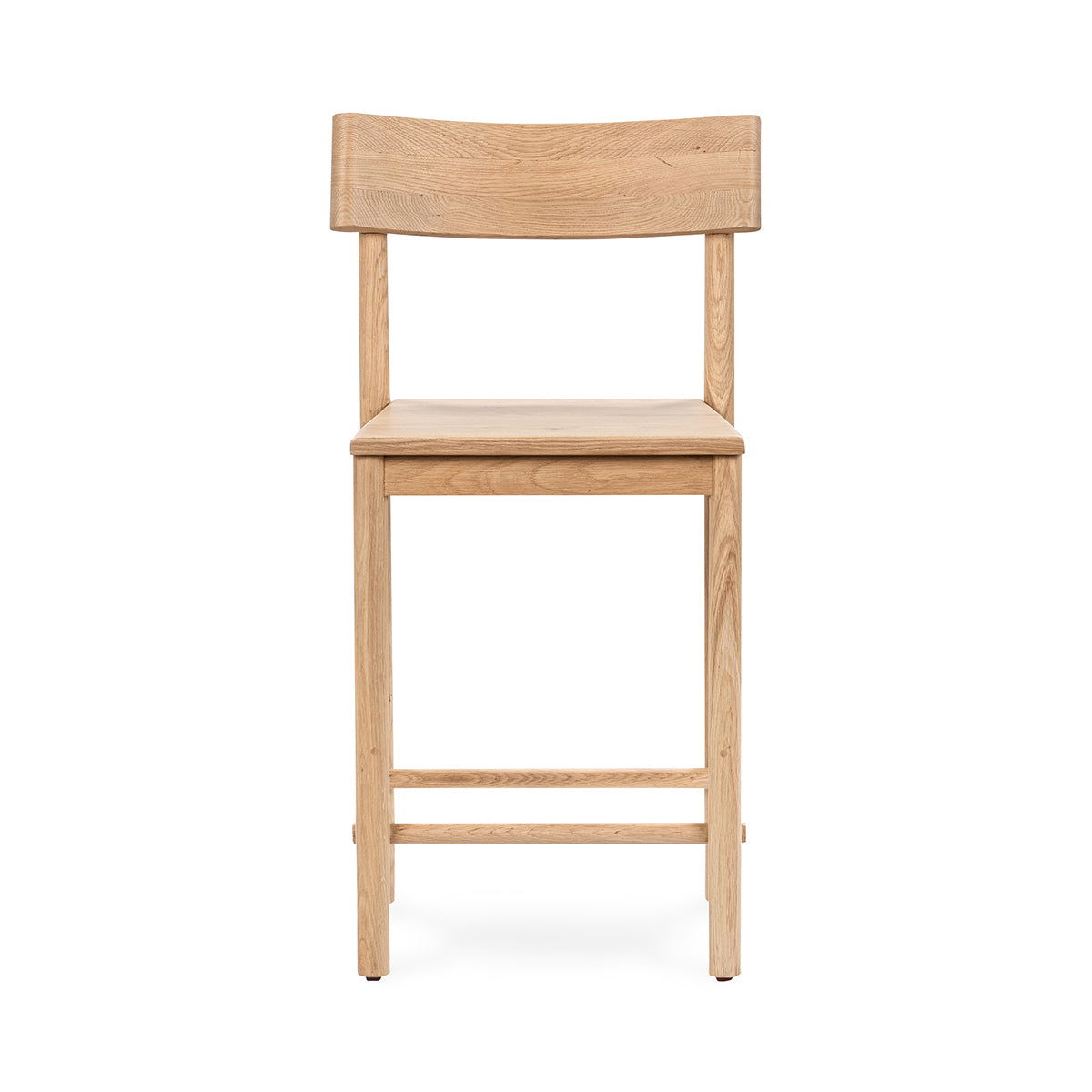 Light oak counter stool with wide backrest, light wood frame and top seat