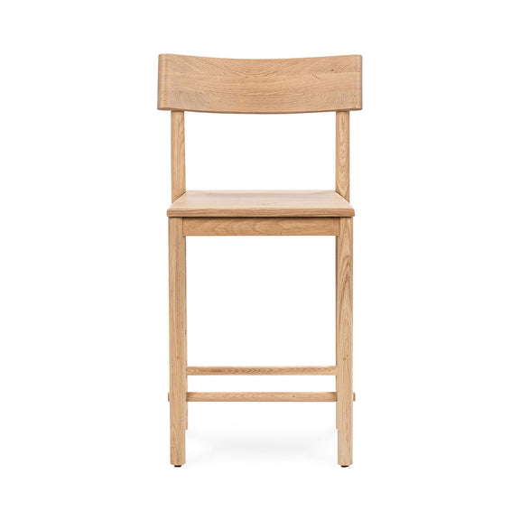 Light oak counter stool with wide backrest, light wood frame and top seat