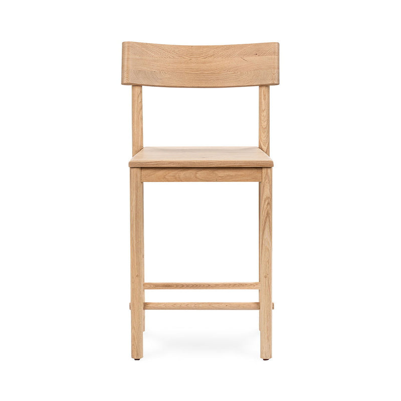 Light oak counter stool with wide backrest, light wood frame and top seat