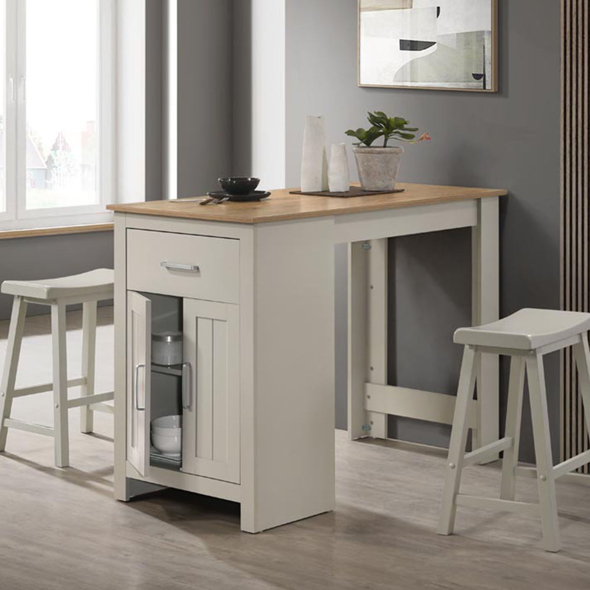 Alonzo - Small Space Counter Height Dining Table With Cabinet, Drawer, And 2 Ergonomic Counter Stools (Set of 3)