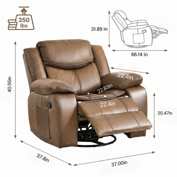 Brown manual recliner chair with extended footrest and rocker base