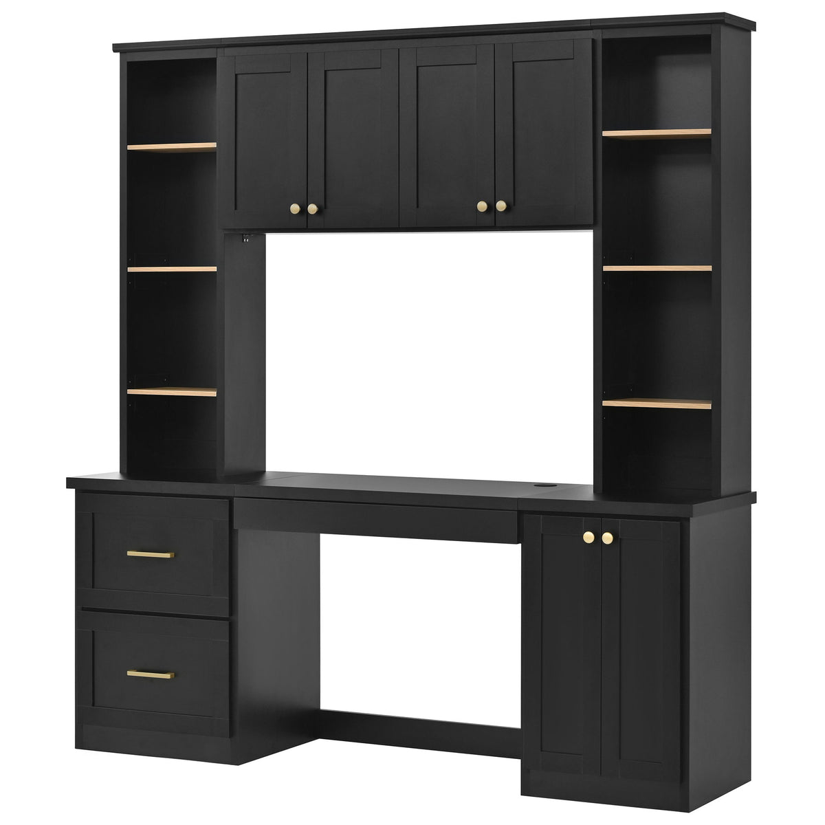 Black computer desk with hutch, open shelves and cabinet doors, built-in keyboard tray